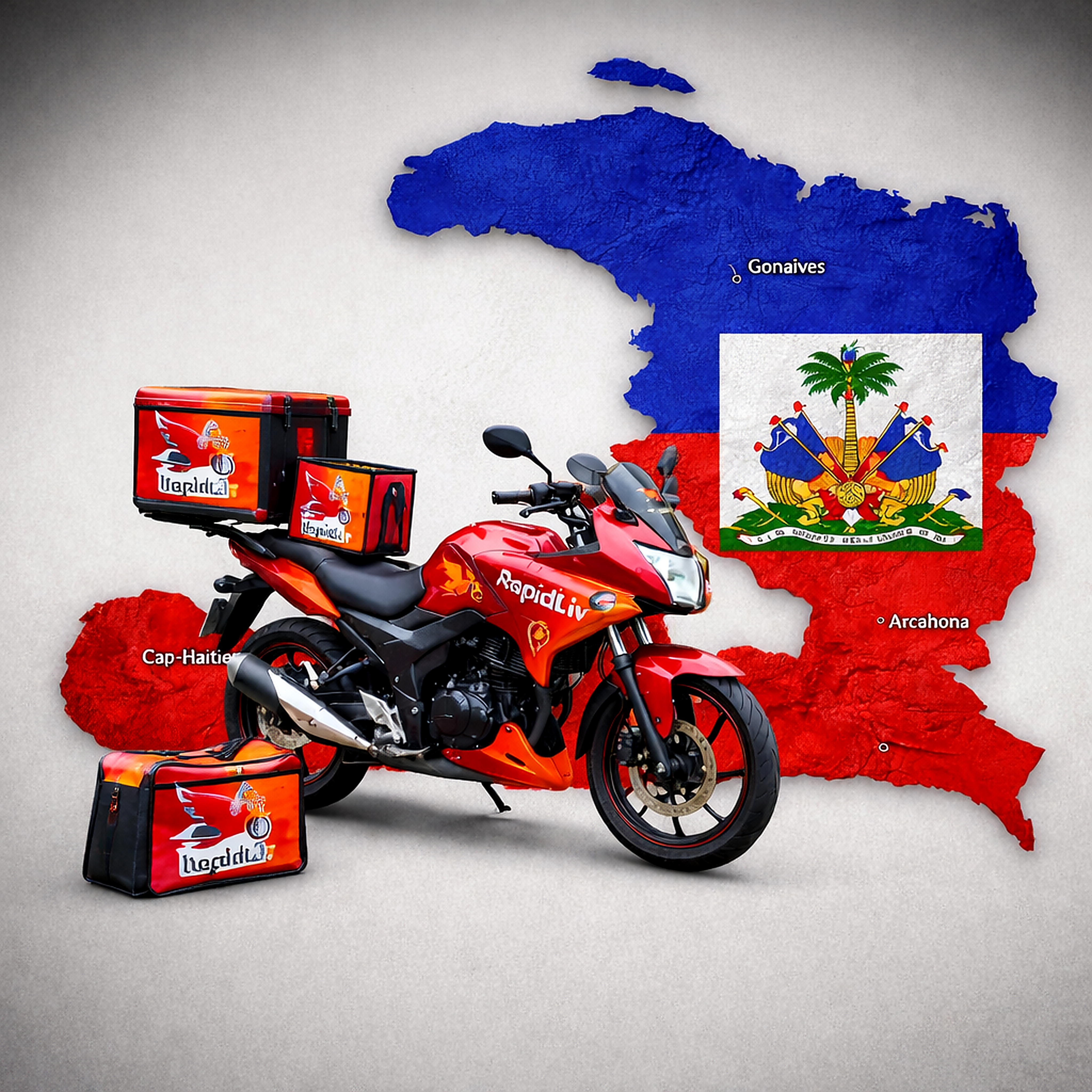 RapidLiv delivery motorcycle with Haiti map